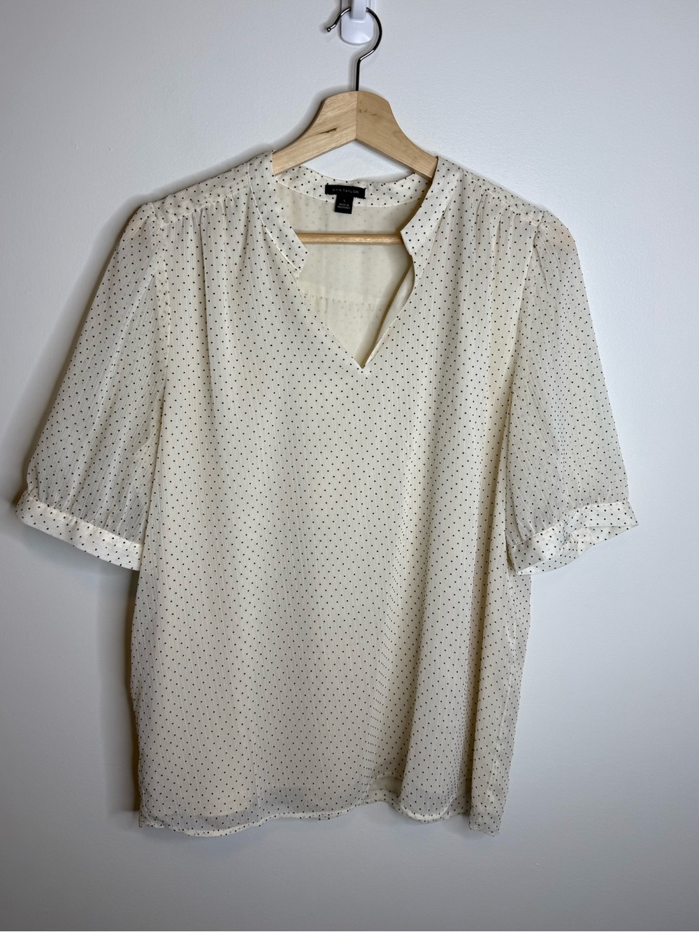 Ann Taylor Cream Blouse with Black Polka Dots size large